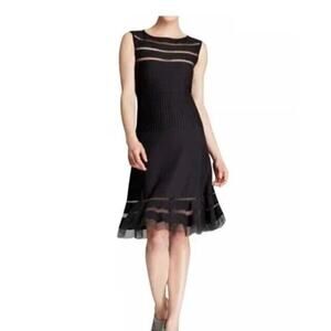 Tadashi Shoji XS Dress Black Jersey Illusions Mesh Pleat Fit Flare Cocktail